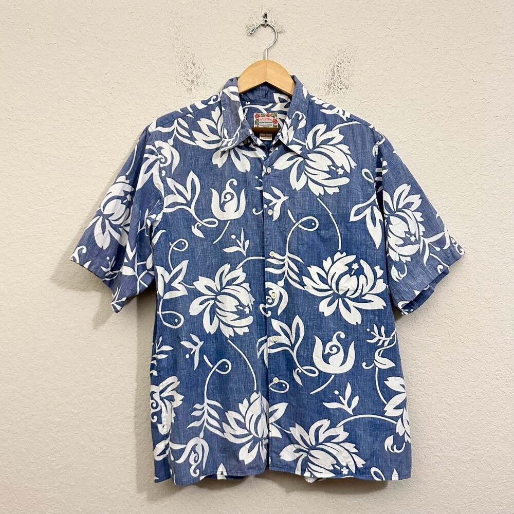 REYN SPOONER Hawaiian Shirt Blue Floral Commemorative Classics Cotton